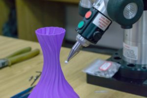 3D Measurements device measures 3D printed plastic part. 3D scan measurement workpiece. 3D
