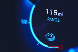 Close-in shot of electric car battery range gauge