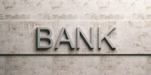 Bank sign on marble background. 3d illustration