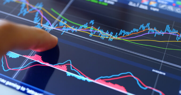 Finger touch on screen with stock market data