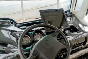Autonomous vehicle interior with touch screen and auto navigation system