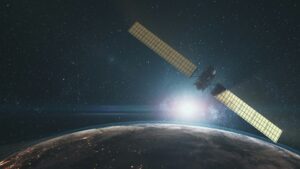 modern space probe flying near rotating planet