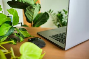 Laptop on a wooden table against a background of plants.